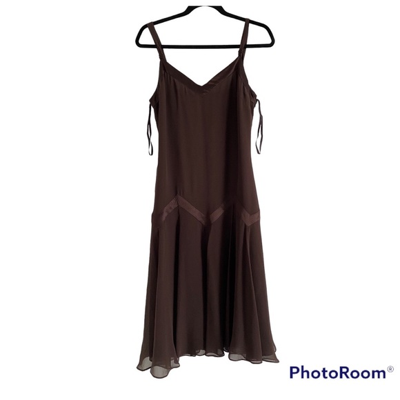 Ted Baker  Brown Silk Chiffon Vintage Spaghetti Straps Mid Length Dress - Picture 3 of 12